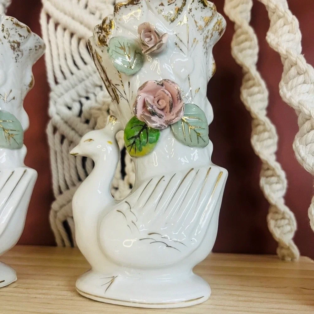 Vintage‎ Peacock Vase Set of 2 Porcelain With Applied Flowers Roses Gold Accent - Picture 6 of 16